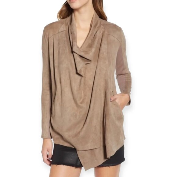 Blank NYC Cloud Nine Faux Suede Drape Front Jacket Cardigan Tan Like-New - M - Picture 2 of 12